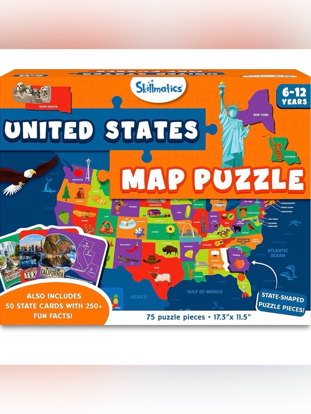 Skillmatics | United States Map Puzzle + 50 State Cards 100% Safe Non-Toxic SET